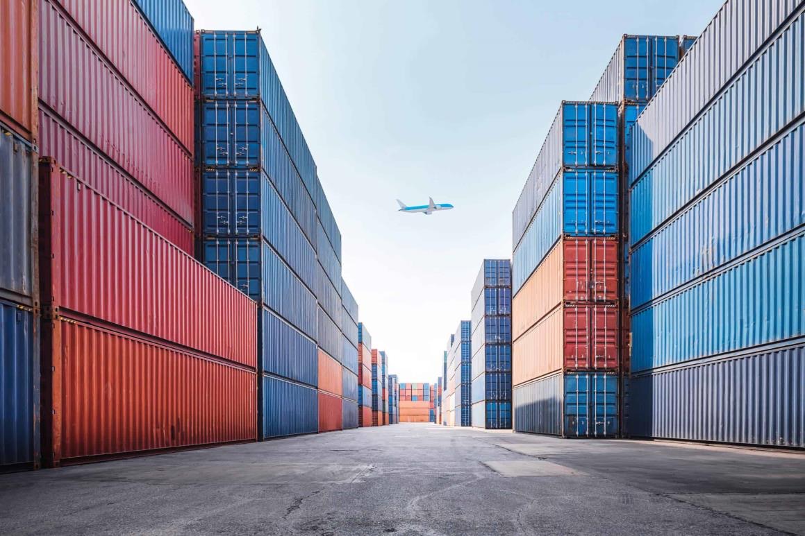 Rows of stacked shipping containers